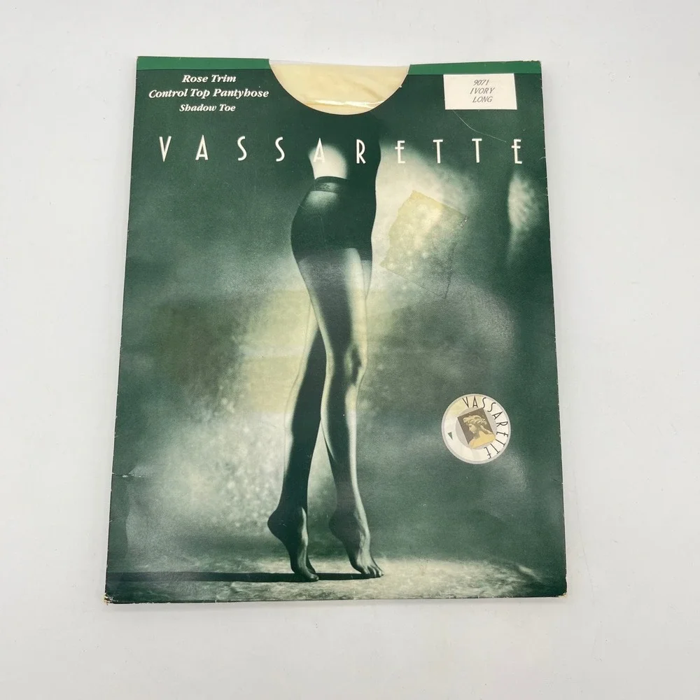 Vassarette‎ Rose Trim Control Top Pantyhose Shadow Toe Ivory Hosiery L-Long